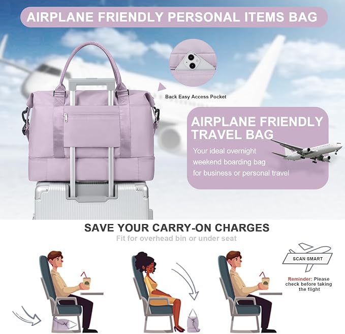 Weekender Bags for Women, Carry-On Overnight Travel Duffel Bag | Travel Bag with Shoes Compartment & Toiletry Bag, Extra Large, 3 Pcs Set - Image 7