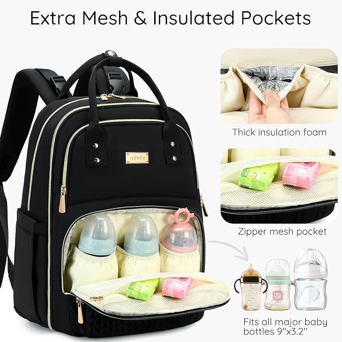 AIJIEKE Diaper Bag Backpack, Large Multi-functional Diaper Backpack, Black | Waterproof lightweight baby backpack. With changing pad, stroller straps, insulated & wet/dry pockets. Mom & dad essential - Image 5