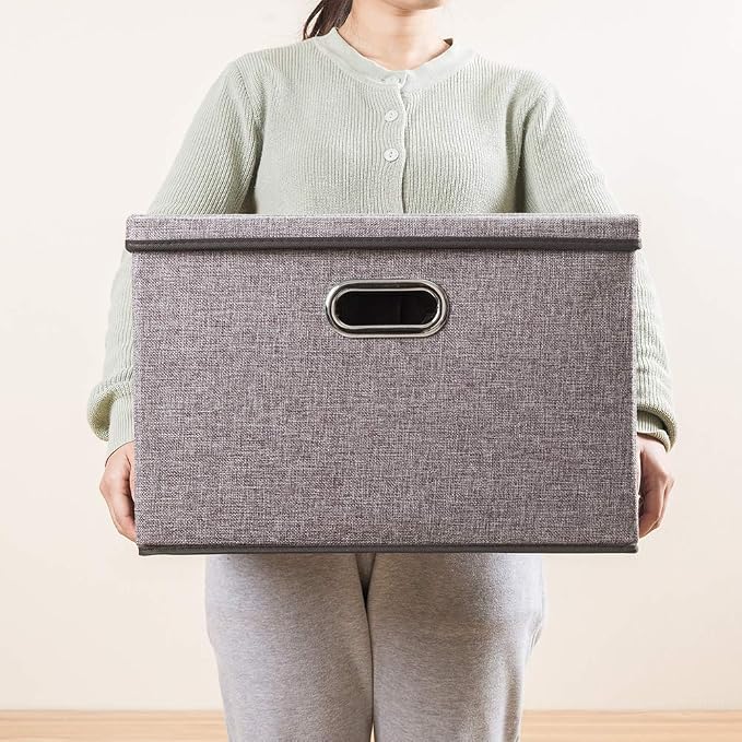 Large Foldable Storage Bin with Lid [1-Pack] Linen Fabric Decorative Storage Box Organizer Containers Basket Cube with Handles Divider for Bedroom Closet Office Living Room (17.7x11.8x11.8) - Image 3