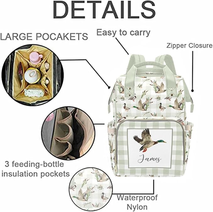 Custom Wild Ducks Diaper Bag for Women, Personalized Name Multifunction Nylon Nursing Mommy Daypack with Large Capacity for Travel, Birthday Mother Gift - Image 5