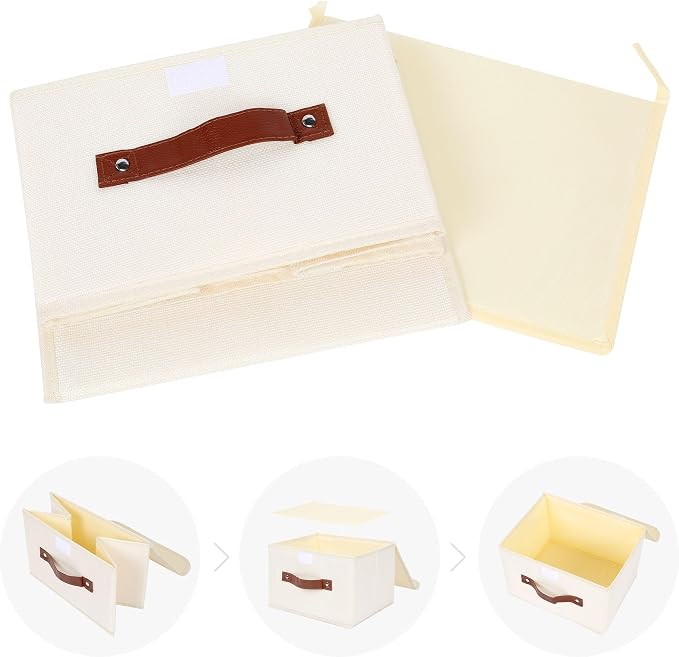 ANMINY Fabric Storage Box Bins with Lids, Beige, 10"x8"x7", 2 Pack | Keepsake Memory Storage, Cotton Linen, PP Board Reinforced, Washable, PU Handles, Foldable & Stackable, Decorative, Small - Image 8