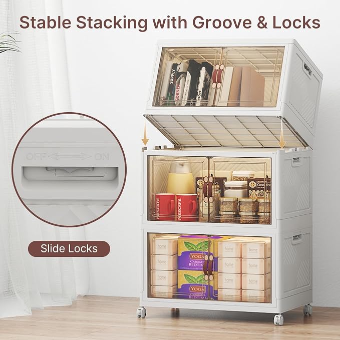 Stackable Storage Bins with Lids, 288QT Lockable Storage Cabinet | Folding Storage Box with Doors and Wheels, Collapsible Plastic Drawers for Home, Garage, Office - Image 4