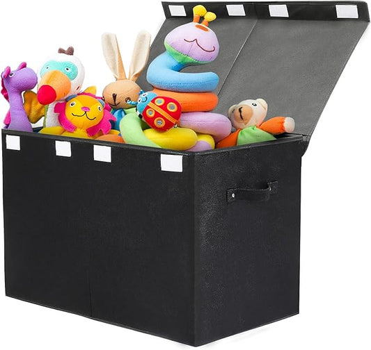 122L Large Toy Box Chest Storage with Lid, Collapsible Kids Toy Storage | Toy Chest with with Removable Divider for Kids, Boys, Girls, Nursery, Living Room, Bedroom, 26"x17" x17" (Linen Black) by popoly