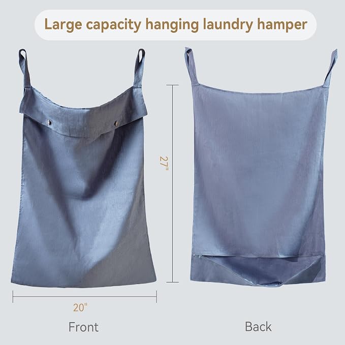 100% Linen Hanging Laundry Hamper Bag 20x27Inch, Over the Door with 2 Buttons and Bottom Zipper Saving Space Wall Back organizers For Dirty Clothes Dorm Travel College Camp Sock Large Capacity,Blue - Image 3