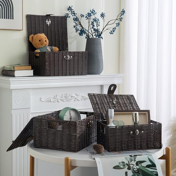 Set of 3 Woven Wicker Storage Basket Box with Lids & Lock, Built-in Carry Handles, Multifunctional Storage Organizer for Nursery, Baby, Clothes, Toys, Books, Large/Medium/Small Size (Brown) - Image 6