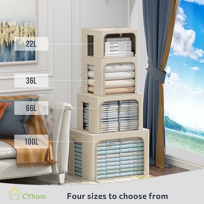 CYhom 3Pack Foldable Storage Bins - Frame Storage Box Linen Fabric Stackable Clothes Container Organizer with Clear Window & Carry Handles Large Capacity (Medium-36L, Beige) - Image 3