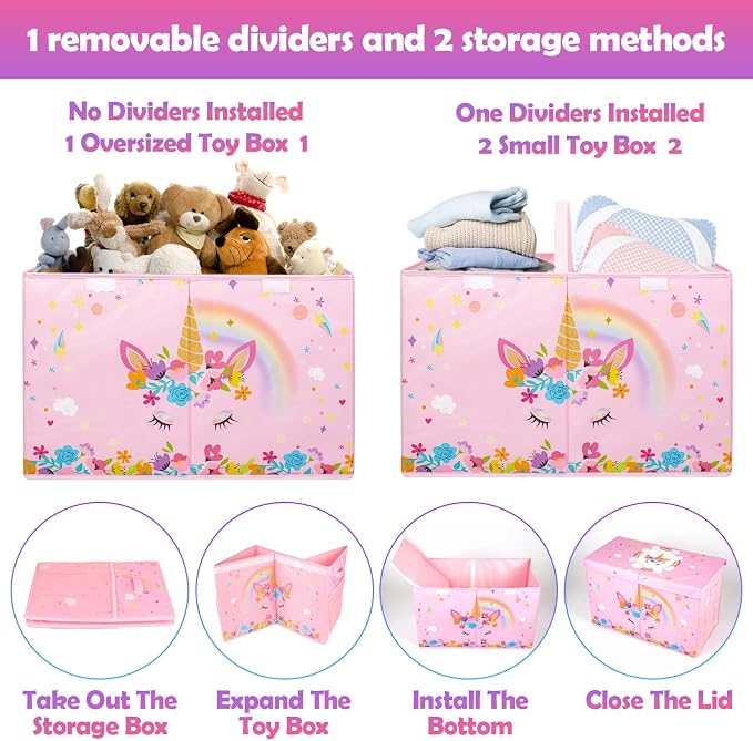 Large Toy Box, Sturdy Kids Storage Organizer for Boys Girls, 25"x13"x16" | Collapsible Storage Box with Lids, Toy Chest Bins Basket for Living Room, Playroom, Nursery, Pink - Image 6
