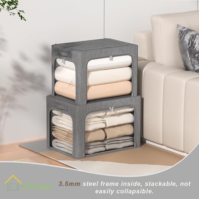 CYhom 3 Openings Clothes Storage Bins Box - 3Pack Stackable Foldable Storage Bin - Metal Frame Storage Box Clothing Storage Organizer with Clear Window, Carry Handles (66L-19.7x15.7x13in, Drak Grey) - Image 8