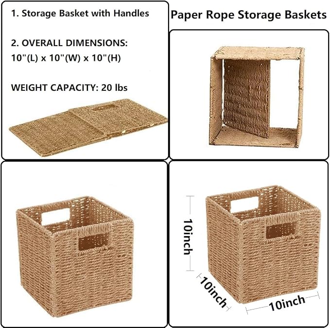 5Pcs Woven Shelf Baskets, 10.5'' Paper Rope Handmade Open Storage Bins, Light Brown Pantry Baskets Organization Basket Foldable Storage Bins for Bedroom, Cubby Cubes Wicker Basket with Handles - Image 4