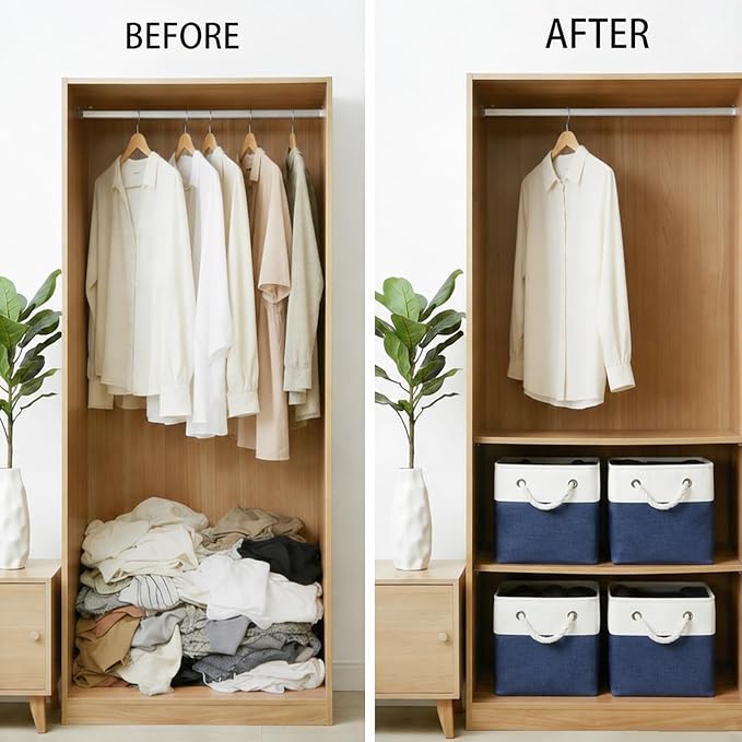 Fabric Storage Cubes 13 x 13, Collapsible Storage Bins for Shelf Baskets, Cube Storage Organizer White Navy Bins with Cotton Handles,Foldable Storage Bin box,Cube Storage Bin 6 Pack - Image 6