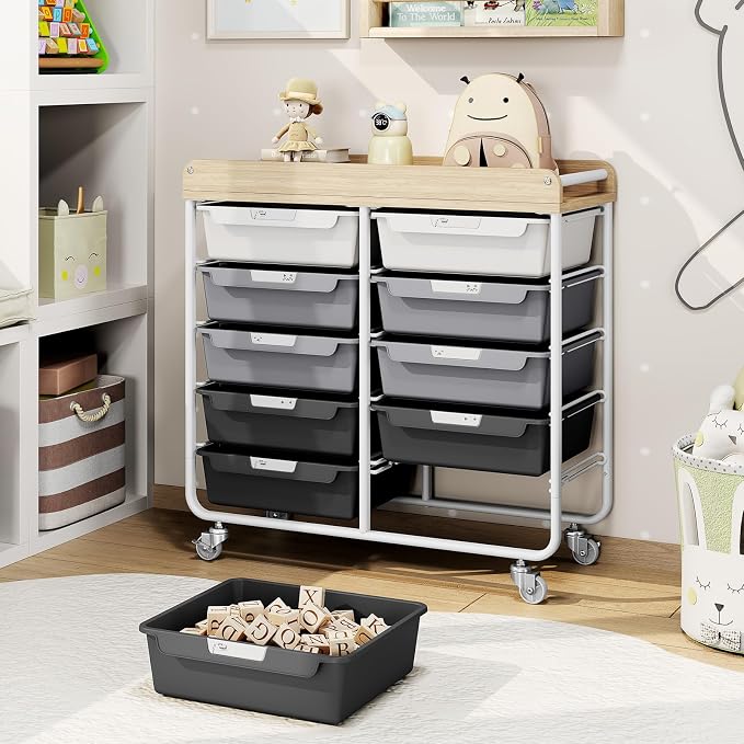10 Drawer Rolling Storage Cart with Wood Top for Classroom Crafts Grey | Easy Setup, Large Capacity, Sturdy Build, Lockable Mobility, For office, classroom and home supplies - Image 2