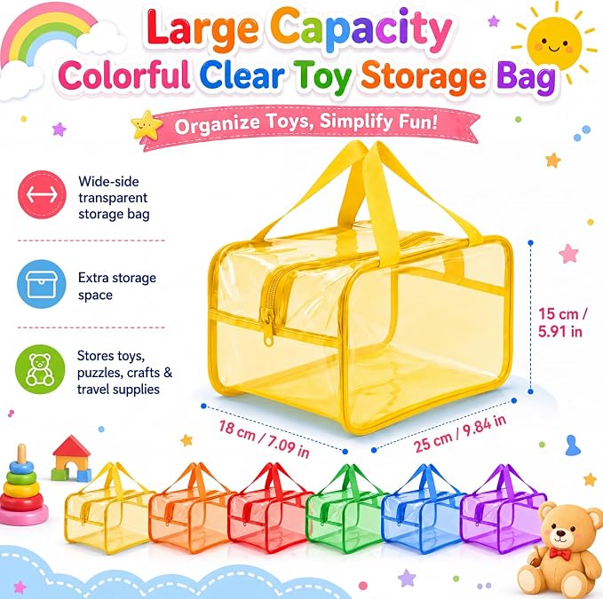 Shinylin 6 Pack Colorful Large Toy Storage Bags with Zipper 9.8 x 5.9 x 7.1 Inch Reusable Waterproof PVC Board Game Storage Bags with Labels for Puzzles Building Blocks Book Stationery - Image 2