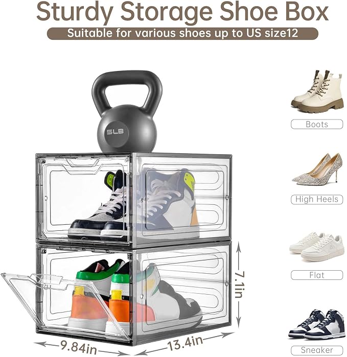 Stebopum 12 Pack Shoe Boxes Shoes Organizer, Shoe Storage Organizer Boxes with Magnetic Door, Clear Shoe Organizers Sneaker Storage Shoe Box for Women/Men, Fit up to US Size 12 - Image 2