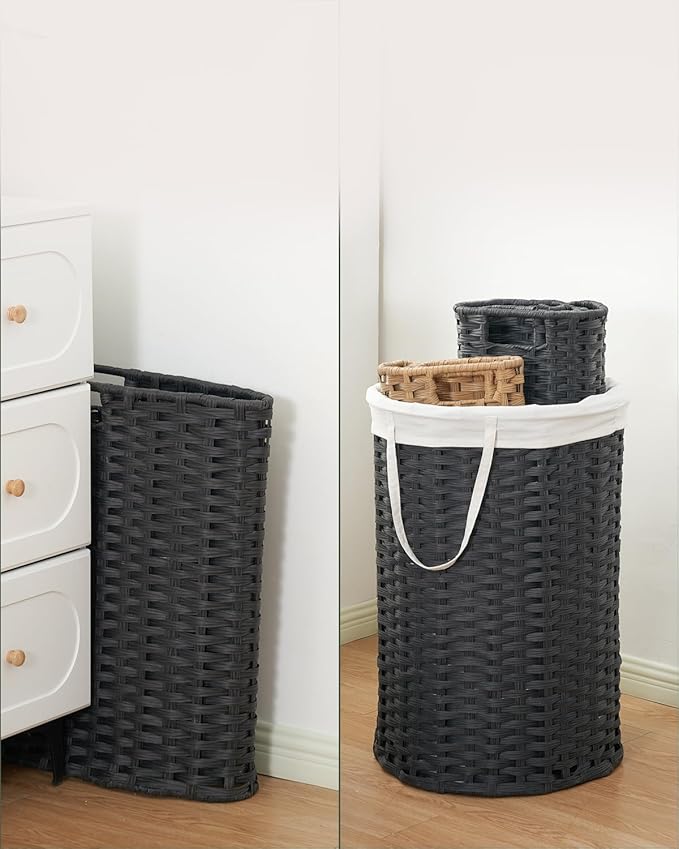 SETVSON Laundry Hamper with Lid, Round PE Rattan Basket, Black | 72L Compact Clothes Organizer with Lid, Removable Inner Bag with Handles, 2 Mesh Wash Bags, Space-Saving Storage Hamper - Image 5