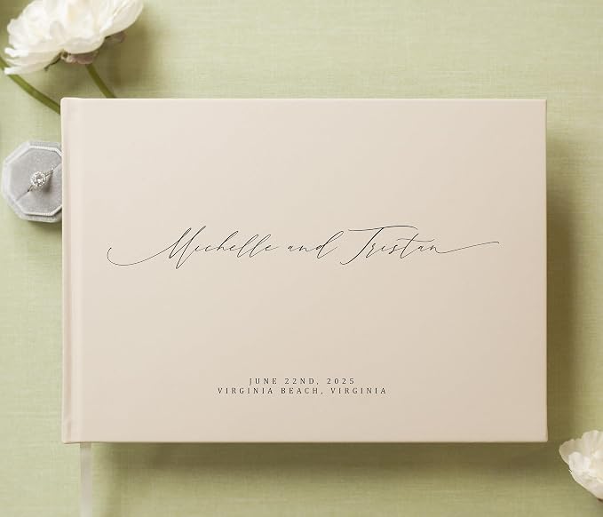 Personalized Guestbook in Oats- Premium Custom Modern Guest Book for Wedding Reception, Birthday Party or Events w/Bookmark Blank Pages for Signing 11.5 x 8.5 inches - Image 2