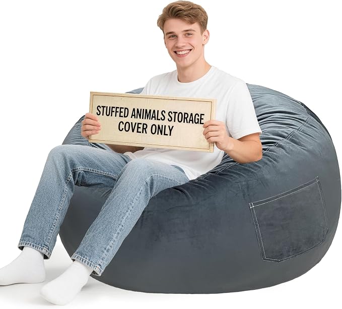 Lukeight Stuffed Animal Storage Bean Bag Chair Cover for Adults, Velvet Plush Toy Organizer Seat, Cover Only, No Filling Included, Long YKK Zipper, Side Pocket, XXX-Large 42"D x 23"H by Lukeight