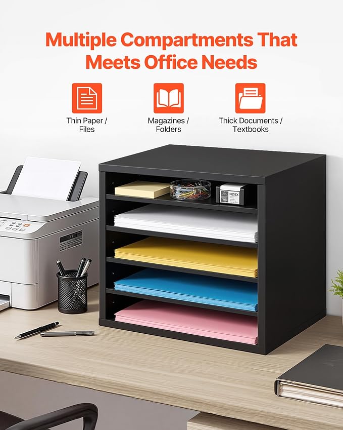 VEVOR Literature Organizer, 5 Compartments Office Mailbox with Adjustable Shelves, Wooden Mailbox Sorter with MDF, Countertop Office Home Classroom Storage Organizer for File, Document, Paper, Black - Image 5