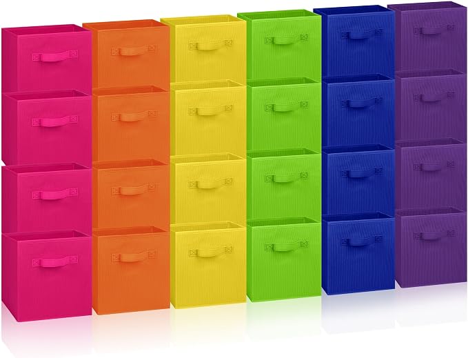 Hillban 48 Pcs Storage Cubes 11'' Collapsible Storage Bins Bulk Fabric Cubes Basket with Dual Handles Organizer Cube for Closet Toy Classroom Shelf Room (Solid Style,Colorful) by Hillban