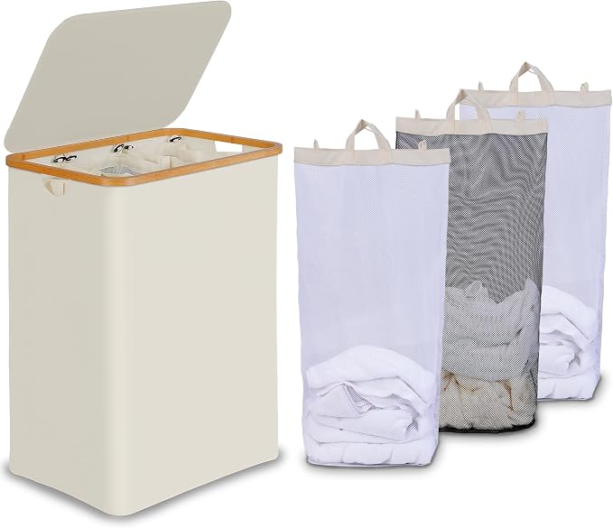 efluky Laundry Hamper with Lid, Trio Laundry Basket with 2 Removable Bags, 3 Section Laundry Bin with Bamboo Handles for Bathroom, Bedroom & Laundry Room, 160L (42.3 Gallon) Beige by efluky