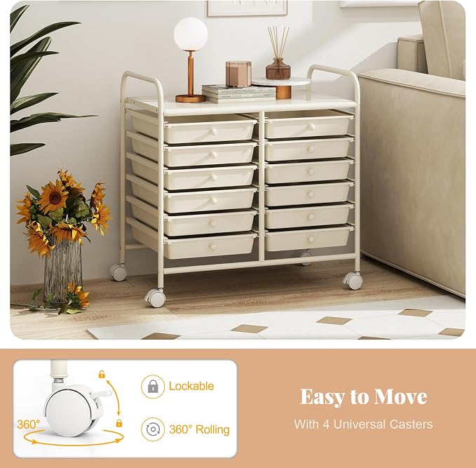 RELAX4LIFE 12-Drawer Rolling Storage Cart - Mobile Utility Cart on Wheels for School Classroom Teacher Office Salon, Paper File Art Supply Craft Organizer, Rolling Cart with Drawers (White) - Image 5