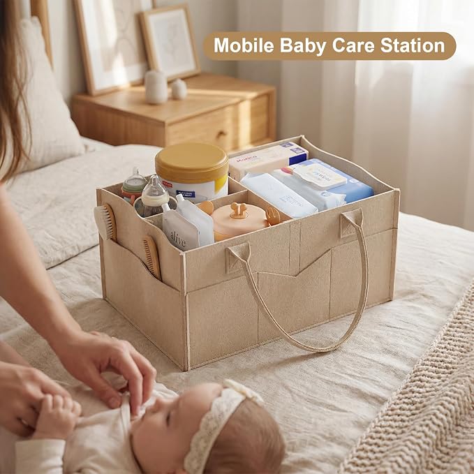 Baby Diaper Caddy Organizer Cart with Detachable Dividers, 3 Tier Metal Bedside Storage Rolling Cart with Wheels for Nursery, Postpartum Cart and Organizers for Newborn Essentials & Supplies (Oatmeal) - Image 6
