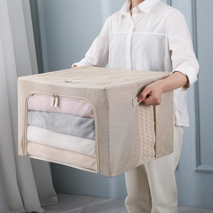 CYhom 3Pack Foldable Storage Bins - Frame Storage Box Linen Fabric Stackable Clothes Container Organizer with Clear Window & Carry Handles Large Capacity (Large-66L, Beige) - Image 7