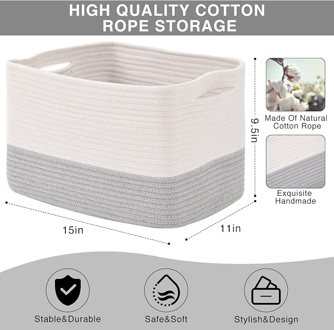 ICERZCZ Storage Baskets for Organizing Shelves, Woven Cotton Rope Bins for Baby Nursery Organization, Book Toy Towel Organizer, 15"x11"x9.5", 3 Packs, Off White & Grey - Image 3