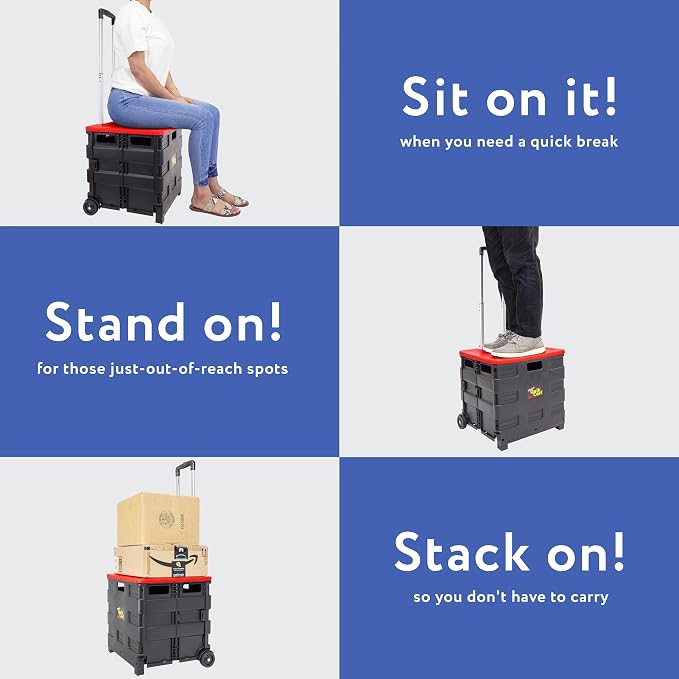 dbest Products Quik Cart Standard Collapsible Rolling Crate - Red Lid | with Wheels, Roll Up to 80 lbs Capacity, Heavy Duty Plastic Construction, Telescoping Handle, Foldable Utility Cart - Image 3
