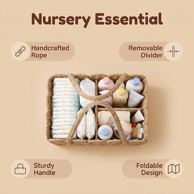 Large Scalloped Paper Rope Diaper Caddy, Nursery Storage Basket with Removable Divider & Handle, Portable Car Organizer for Baby, Newborn Essentials Must Haves - Image 4