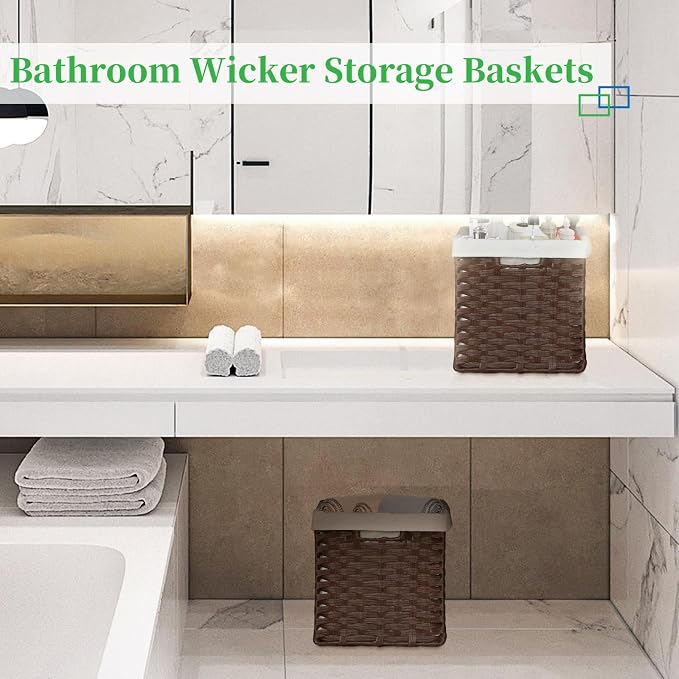 Bidtakay Wicker Storage Baskets with Liners 11x11 Storage Cube Bins for Organizing Imitation Rattan Woven Baskets 2-Pack Woven Storage Baskets with Handles for Pantry-Reddish Brown - Image 5