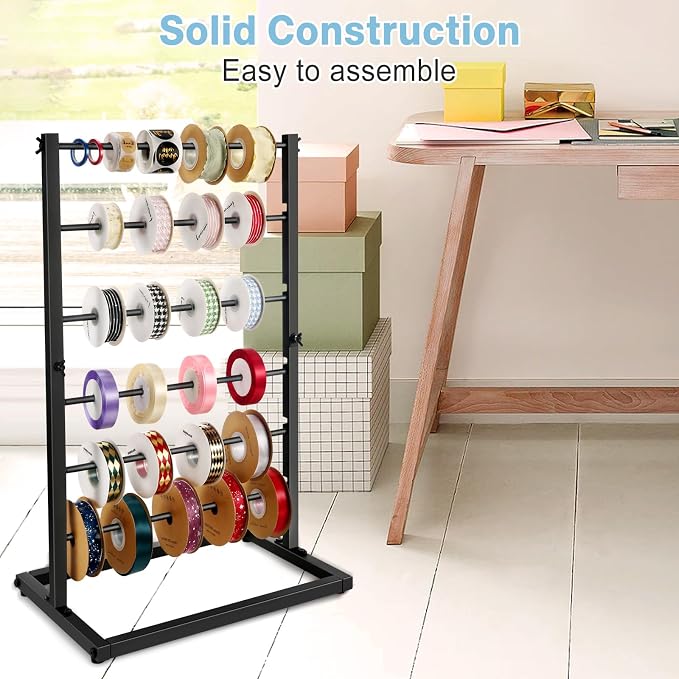 Aulin 6 Tier Large Capacity Ribbon Storage Organizer Rack(White) | Metal Ribbon Spool Holder：It comes with six standard-thickness rods and three thinner rods. - Image 8