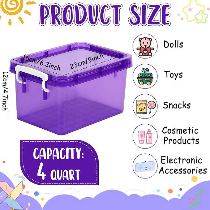 6 Pack 4 Quart Colorful Plastic Storage Bins with Lids Stackable Storage Bins with Latching Lids Handle Clear Colored Storage Organizer Bins for Home Office Pantry Containers(Purple) - Image 2