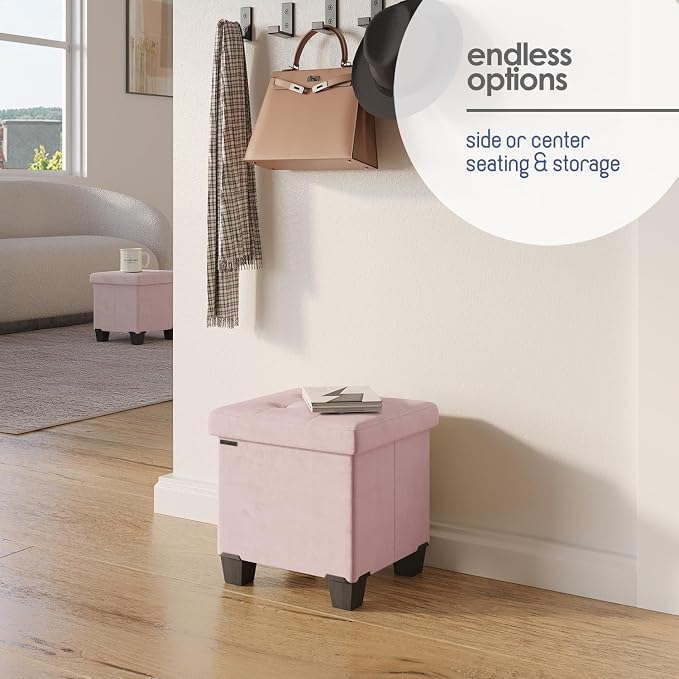 Storage Ottoman Cube with Small Bin, 15-in Square Ottoman with Storage for Living Room and Bedroom, Small Ottomans Foot Rest, Velvet Foot Stools Ottomans Max 330lbs, Pink - Image 7