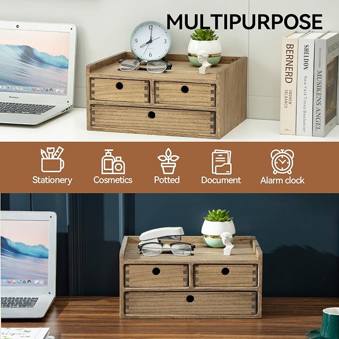 KIRIGEN Wooden Desk Organizer with 3 Drawers and Top Shelf Brown DT2D3C-DBR | 3-Drawer Cabinet with Top Shelf Stores Papers, Office Supplies, Cosmetics, Crafts, and Small Accessories on Desks or Counters - Image 3