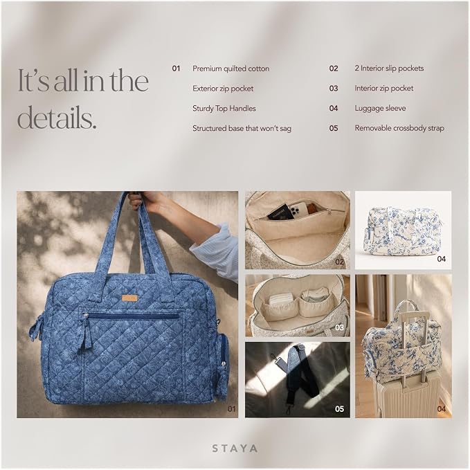 Staya Hospital Bag for Labor & Delivery - Quilted Weekender Bag for Women | Soft cotton quilted duffle, carry-on size, overnight & weekender bag, roomy with pockets, shoulder strap included - Image 4