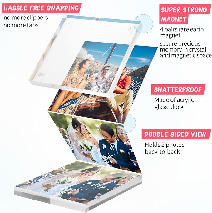 Yalikop 4 Pcs 4 x 4 Inch Thick Clear Acrylic Magnetic Photo Frames, 20mm Thickness Double-sided Transparent Visible Picture Frame Desktop Display for Home Office School Store Supplies - Image 6