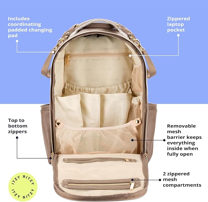 Itzy Ritzy Boss Plus Diaper Bag Backpack with 19 Pockets (Vanilla Latte) | Large Diaper Bag Backpack Includes 2 Insulated Bottle Pockets, Changing Pad, Stroller Clips, Padded Straps, Travel-Ready - Image 6