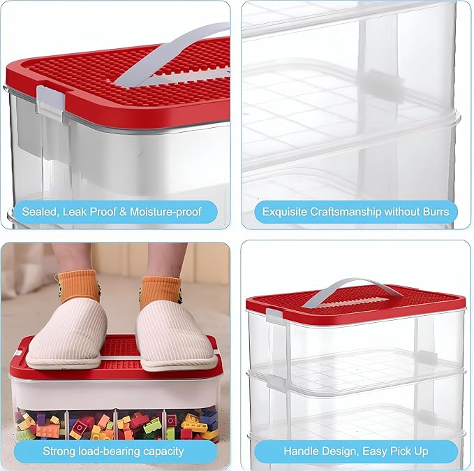 Toys Organizer Storage Case for Lego Box Kids Toy Stackable Building Blocks with Lids Bins Adjustable Lego Storage Containers Plastic Toy Box Red 2 Layers - Image 8