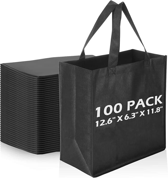 Reginary 100 PCS Non Woven Tote Bags Bulk,Black | Reusable Shopping Bags with Handles, Stores, Groceries Markets, Events Gift, Party Supplies by Reginary
