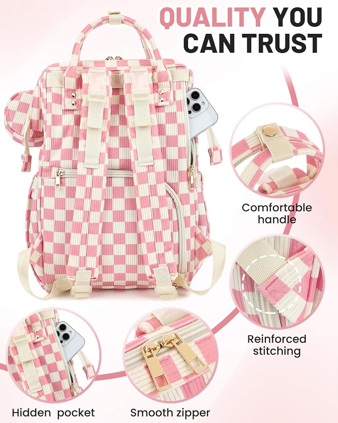Corduroy Diaper Bag Backpack, Large Capacity Multifunction Baby Diaper Bags for Women, Insulated Bottle Pockets & Pacifier Case, Stylish Travel Nappy Changing Bags for Mom Dad (Checkered Pink) - Image 6