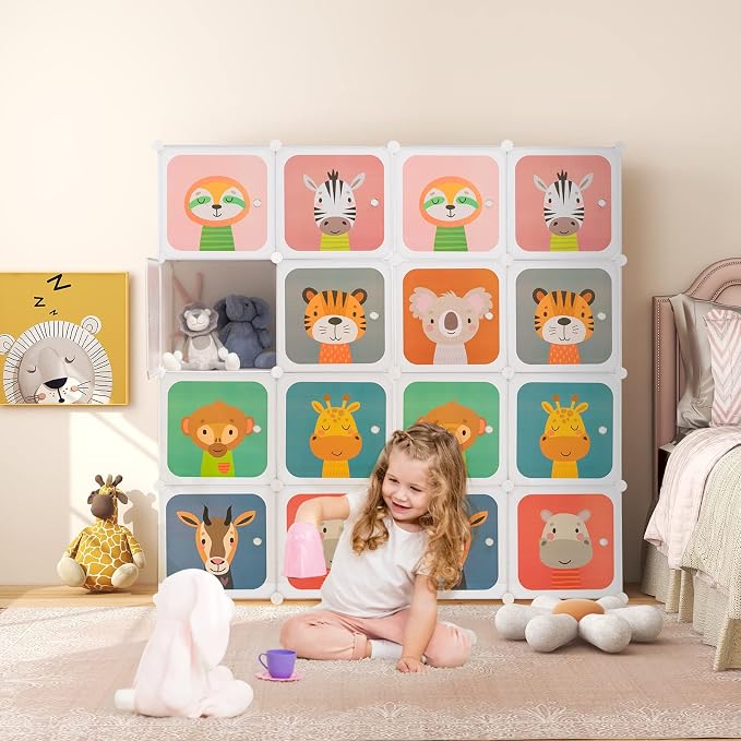 HONEY JOY Kids Wardrobe Closet, Baby Cartoon Clothes Storage Organizer, 8 Cubes & 2 Hanging Sections, Portable Children DIY Modular Bedroom Armoire Dresser Cabinet for Boys Girls (White) - Image 2