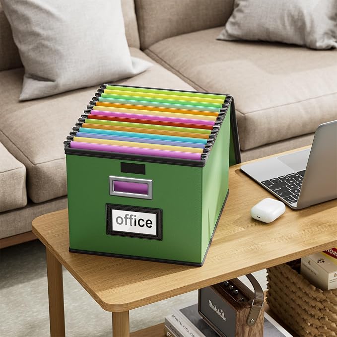 File Organizer Box with Lids, Collapsible File Folder Organizer | File Box with Plastic Slides for Document, Filing Bin for Letter Size Hanging File Folders (4 Pack, Green, Leather) - Image 4