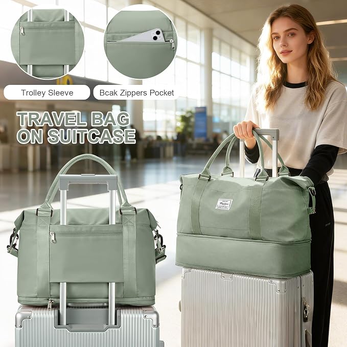 Travel Duffel Weekender Bag Women Tote Carry On Bags With Shoe Compartment | 18x14x8 inches Travel Overnight Bags with Trolley Sleeve for Airplanes Sport Tote Gym for Men Lightweight Daypack-BeigeGreen - Image 3