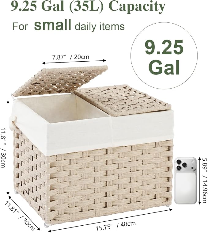 SETVSON Storage Basket with Lid, 2-Lid PE Rattan Storage Bin, Light Khaki | Dual Lid Small Items & Accessories Organizer, Divided Sock & Underwear Bin, 2 Washable Liner Bags, Small Collapsible Trunk - Image 2
