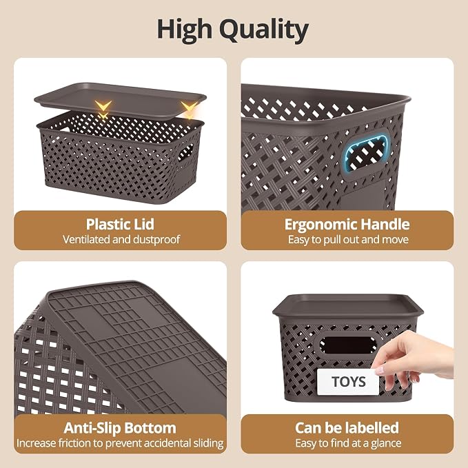 Plastic Storage Bins with Lid, Stackable Small Box Basket for Organizing and Containers for Shelves Drawers Desktop Closet Playroom Pantry Classroom Office Home, 8-pack 10.2x7.2x4.1 Inch, Brown - Image 3