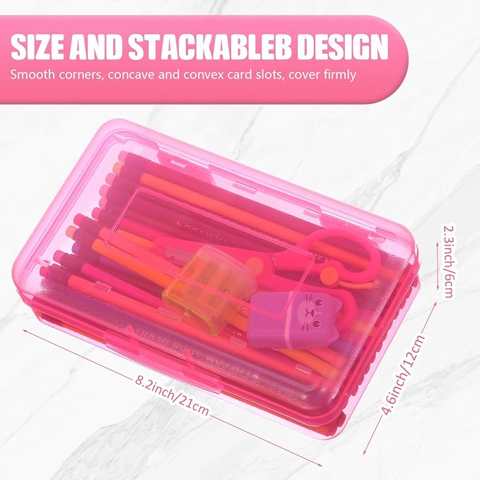 Fainne 24 Pack Clear Plastic Pencil Box,Turquoise, Purple, Pink | Stackable Organizer for School Supplies, Large Case for Crayons Markers, Snap-lid Keeps Stationery Secure, Bulk Set - Image 5