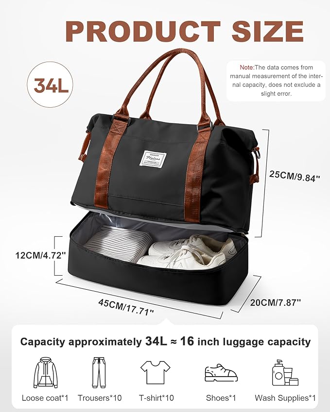 Travel Duffel Weekender Bag Women Tote Carry On Bags With Shoe Compartment | 18x14x8 inches Travel Overnight Bags with Trolley Sleeve for Airplanes Sport Tote Gym for Men Lightweight Daypack BlackBrown - Image 4