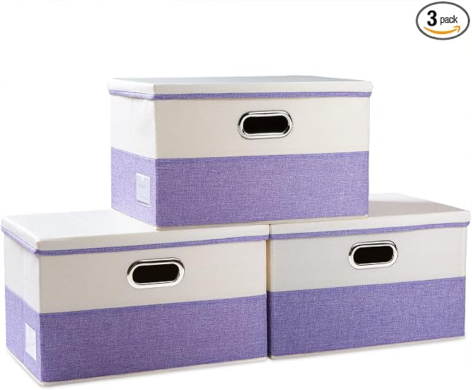Large Foldable Storage Bins with Lids [3-Pack] linen Fabric Decorative Storage Boxes Organizer Containers Baskets Cube with Handles Divider for Bedroom Closet Purple&Cream(17.7x11.8x11.8) by Prandom
