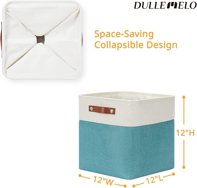 DULLEMELO Square Storage Cubes Baskets for Gifts Empty, 12 inch Cube Stroage Bins Linen Closet Organizers and Storage Baskets for Toy Nursery Shelves Bedroom Storage(4 Pack - 12" White&Teal) - Image 2