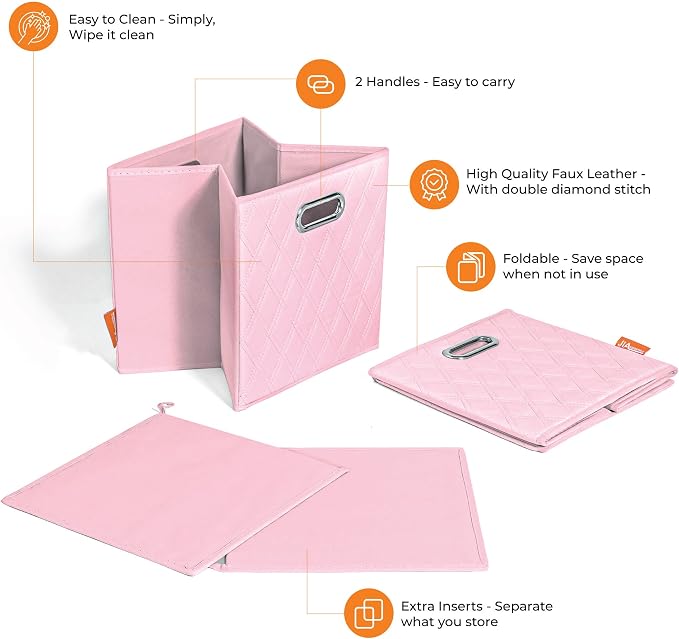 Small 11-inch Foldable Diamond Patterned Faux Leather Storage Cube Bins Set of Four with Handles with Dual Handles for living room, bedroom and office storage… (PINK) - Image 8